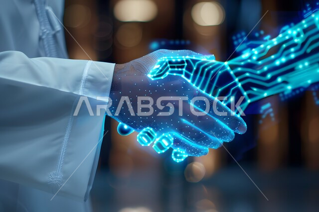 Saudi Vision 2030, Development of Artificial Intelligence, Science and Technology, Concept of Human-Robot Cooperation, Digital Transformation and Technological Progress, Achieving Industrial Revolution in the Electronic Field, Close-up of the hand of a Saudi Arabian Gulf man wearing traditional thobe shaking a digital hand