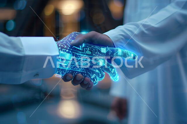 رؤية مستقبلية سعودية 2030، تطور الذكاء الاصطناعي والعلوم والتكنولوجيا، مفهوم التعاون بين البشر والروبوتات، التحول الرقمي والتقدم التقني، تحقيق الثورة الصناعية في المجال الالكتروني, صورة مقربة ليد رجل عربي خليجي سعودي يرتدي الثوب التقليدي يقوم بمصافحة يد رقمية