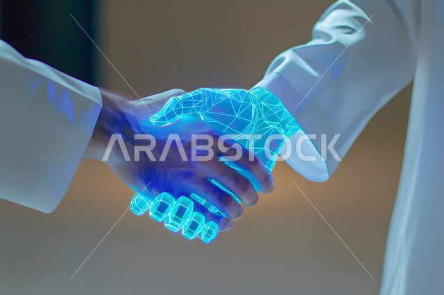 Technological progress and digital transformation, Saudi Vision 2030, development of artificial intelligence, science and technology, concept of cooperation between humans and robots, achieving industrial revolution in the electronic field, close-up of the hand of a Saudi Arabian Gulf man wearing traditional thobe shaking a digital hand
