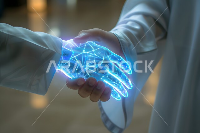 التقدم التقني والتحول الرقمي، رؤية مستقبلية سعودية 2030، تطور الذكاء الاصطناعي والعلوم والتكنولوجيا، مفهوم التعاون بين البشر والروبوتات، تحقيق الثورة الصناعية في المجال الالكتروني, صورة مقربة ليد رجل عربي خليجي سعودي يرتدي الثوب التقليدي يقوم بمصافحة يد رقمية