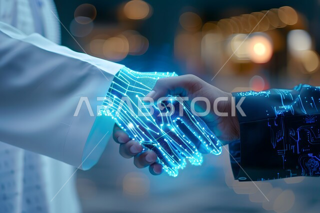 Technological progress and digital transformation, Saudi Vision 2030, development of artificial intelligence, science and technology, concept of cooperation between humans and robots, achieving industrial revolution in the electronic field, close-up of the hand of a Saudi Arabian Gulf man wearing traditional thobe shaking a digital hand