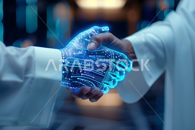 التقدم التقني والتحول الرقمي، رؤية مستقبلية سعودية 2030، تطور الذكاء الاصطناعي والعلوم والتكنولوجيا، مفهوم التعاون بين البشر والروبوتات، تحقيق الثورة الصناعية في المجال الالكتروني, صورة مقربة ليد رجل عربي خليجي سعودي يرتدي الثوب التقليدي يقوم بمصافحة يد رقمية
