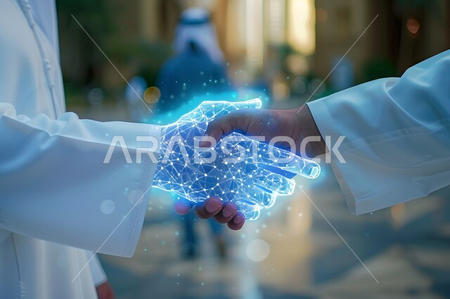 التقدم التقني والتحول الرقمي، رؤية مستقبلية سعودية 2030، تطور الذكاء الاصطناعي والعلوم والتكنولوجيا، مفهوم التعاون بين البشر والروبوتات، تحقيق الثورة الصناعية في المجال الالكتروني, صورة مقربة ليد رجل عربي خليجي سعودي يرتدي الثوب التقليدي يقوم بمصافحة يد رقمية