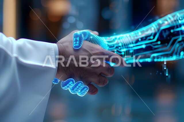التقدم التقني والتحول الرقمي، رؤية مستقبلية سعودية 2030، تطور الذكاء الاصطناعي والعلوم والتكنولوجيا، مفهوم التعاون بين البشر والروبوتات، تحقيق الثورة الصناعية في المجال الالكتروني, صورة مقربة ليد رجل عربي خليجي سعودي يرتدي الثوب التقليدي يقوم بمصافحة يد رقمية