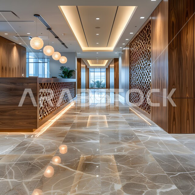 كاونتر الاستقبال في المراكز والشركات الفاخرة، الديكور الداخلي لقسم الاستقبال والاستعلامات في لوبي احد فنادق المملكة العربية السعودية، التصاميم الفنية الداخلية المعاصرة، ديكورات راقية حديثة