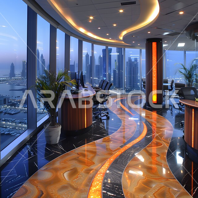 Reception counter in luxury centers and companies, interior decoration of the reception and information department in the lobby of one of the hotels in the Kingdom of Saudi Arabia, contemporary interior artistic designs, modern upscale decorations