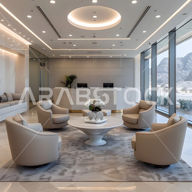 كاونتر الاستقبال في المراكز والشركات الفاخرة، الديكور الداخلي لقسم الاستقبال والاستعلامات في لوبي احد فنادق المملكة العربية السعودية، التصاميم الفنية الداخلية المعاصرة، ديكورات راقية حديثة