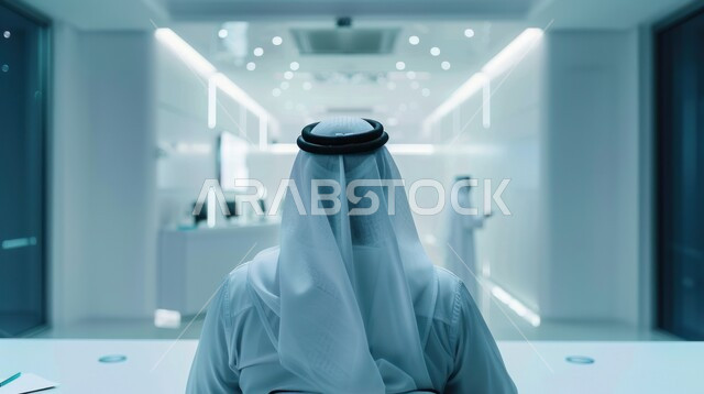 التصاميم والديكورات الداخلية الراقية للشركات والمكاتبصورة من الخلف لرجل عربي سعودي خليجي يرتدي الملابس التقليدية يجلس في مكتب جديد، الفن الهندسي المعماري على الطراز الحديث، مهن ووظائف إدارية مكتبية، إنجاز مهام العمل المطلوبة