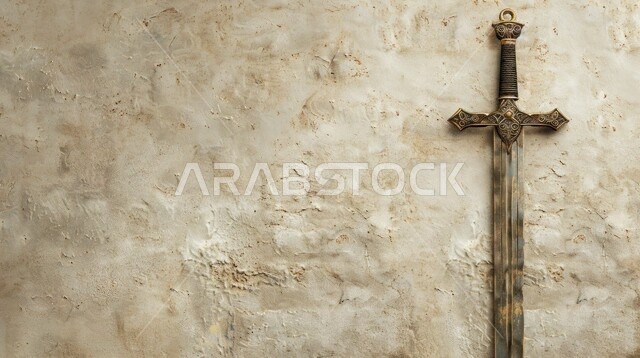 أصالة العادات والتقاليد في المملكة العربية السعودية، قطع أنتيكة من الطراز الشعبي، التحف والانتيكات التراثية القديمة الشعبية، صورة من الاعلى لسيف على خلفية بنية، وسائل ومعدات أثرية