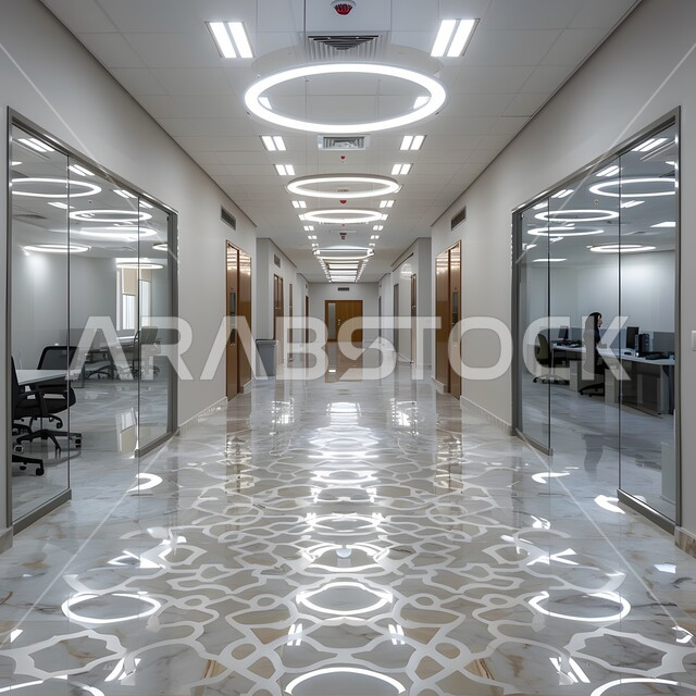 ممر طويل فارغ لشركة مكتبية بديكور راقي، ديكورات راقية وتصميم داخلي على الطراز الحديث، تصاميم عصرية حديثة للشركات السعودية، واجهات ونوافذ زجاجية كبيرة، الفن الهندسي المعماري لمكاتب الأعمال