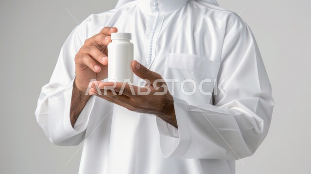أدوية لمعالجة الحالات المرضية، استخدام العلاج الطبي اللازم، الوقاية من الأمراض والعدوى، أخذ جرعات الأدوية بشكل صحيح, تناول الدواء بوصفة طبية مناسبة، رجل عربي سعودي خليجي يرتدي الزي التقليدي يحمل بيده علبة الحبوب