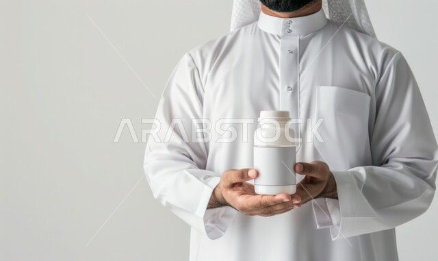 استخدام العلاج الطبي اللازم، الوقاية من الأمراض والعدوى، صور مقربة لرجل عربي سعودي خليجي يرتدي الزي التقليدي يحمل بيده علبة الحبوب، أدوية لمعالجة الحالات المرضية، أخذ جرعات الأدوية بشكل صحيح, تناول الدواء بوصفة طبية مناسبة