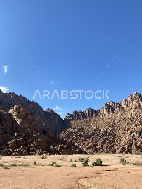 Natural rock formations and formations in Al-Ula Governorate in the Kingdom of Saudi Arabia, desert areas and mountainous heights, peaks and rocky mountains