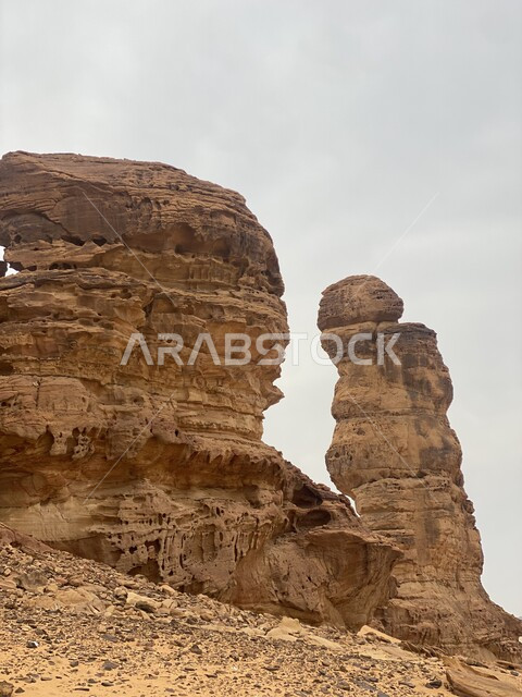 Natural rock formations and formations in Al-Ula Governorate in the Kingdom of Saudi Arabia, desert areas and mountainous heights, peaks and rocky mountains