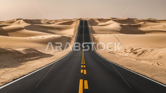 تهيئة الطرق السريعة، طريق اسفلتي معبد وسط الرمال الذهبية الناعمة، الكثبان الرملية في المناطق الصحراوية في المملكة العربية السعودية