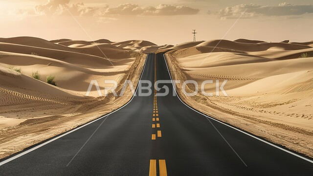 تهيئة الطرق السريعة، طريق اسفلتي معبد وسط الرمال الذهبية الناعمة، الكثبان الرملية في المناطق الصحراوية في المملكة العربية السعودية