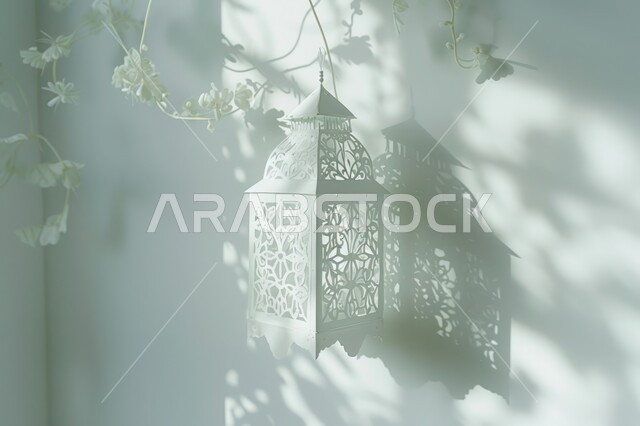 فانوس أبيض مزخرف على جدار أبيض بأشعة الشمس, فوانيس  للاحتفال بقدوم شهر رمضان المبارك ,ديكورات و زينة الاعياد والمناسبات الدينية، تحف رمضانية وروحانية إسلامية، تصميم عربي  مزخرف 