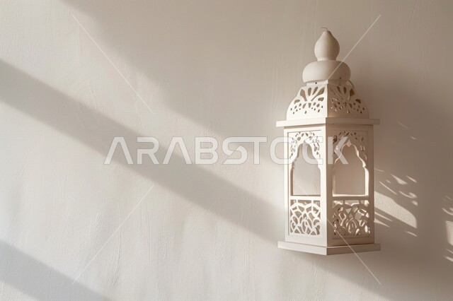 فانوس أبيض مزخرف على جدار أبيض بأشعة الشمس, فوانيس  للاحتفال بقدوم شهر رمضان المبارك ,ديكورات و زينة الاعياد والمناسبات الدينية، تحف رمضانية وروحانية إسلامية، تصميم عربي  مزخرف 