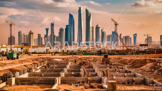 Future imaginary view of towers, construction, contracting and real estate development works, foundations and structures for residential projects and factories, architectural and cultural development in the Kingdom of Saudi Arabia, construction of buildings and mega projects, concept of improving the country's infrastructure