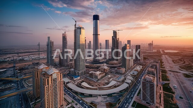 منظر تخيلي مستقبلي للابراج, أعمال البناء والمقاولات والتطوير العقاري، إنشاء الأساسات والهياكل للمشاريع السكنية والمصانع، التطور المعماري والثقافي في المملكة العربية السعودية، تشييد المباني والمشاريع الضخمة، مفهوم تحسين البنية التحتية للبلاد