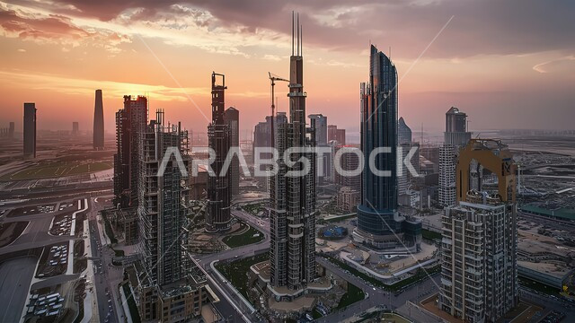 Future imaginary view of towers, construction, contracting and real estate development works, foundations and structures for residential projects and factories, architectural and cultural development in the Kingdom of Saudi Arabia, construction of buildings and mega projects, concept of improving the country's infrastructure