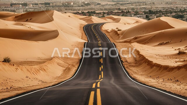 تهيئة الطرق السريعة، طريق اسفلتي معبد وسط الرمال الذهبية الناعمة، الكثبان الرملية في المناطق الصحراوية في المملكة العربية السعودية