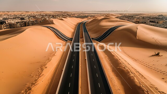 تهيئة الطرق السريعة، طريق اسفلتي معبد وسط الرمال الذهبية الناعمة، الكثبان الرملية في المناطق الصحراوية في المملكة العربية السعودية