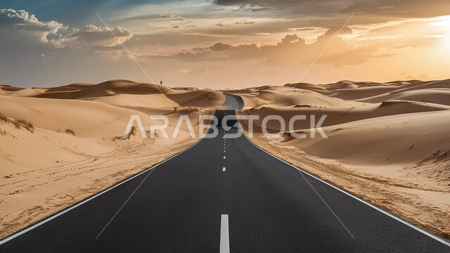 تهيئة الطرق السريعة، طريق اسفلتي معبد وسط الرمال الذهبية الناعمة، الكثبان الرملية في المناطق الصحراوية في المملكة العربية السعودية