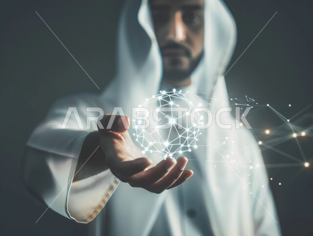 الذكاء الإصطناعي والتقدم الرقمي التكنولوجي، رجل عرب سعودي خليجي يرتدي الزي التقليدي يحمل بيده شبكة خطوط هولوجرامية على شكل كرة، تحقيق ثورة صناعية، رؤية مستقبلية٢٠٣٠،  تطور علوم التكنولوجيا في المملكة العربية السعودية