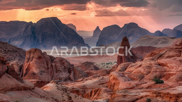 السلسلة الجبلية والتكوينات الصخرية في وادي الديسة بمنطقة تبوك، الطبيعة الصحراوية في المملكة العربية السعودية، التضاريس والنحت الصخري في المناطق الأثرية، أماكن للرحلات السياحية وقضاء وقت ممتع.