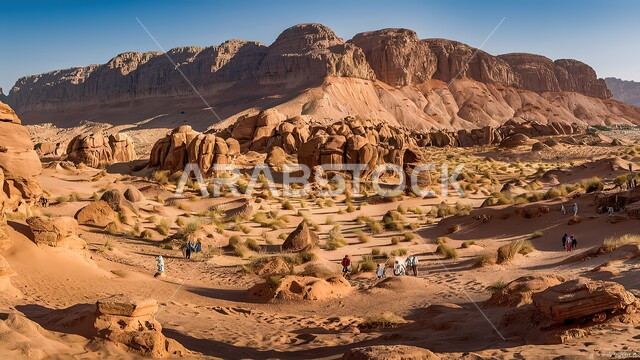 السلسلة الجبلية والتكوينات الصخرية في وادي الديسة بمنطقة تبوك، الطبيعة الصحراوية في المملكة العربية السعودية، التضاريس والنحت الصخري في المناطق الأثرية، أماكن للرحلات السياحية وقضاء وقت ممتع.