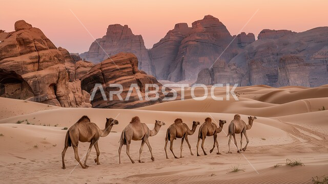 محميات طبيعية برية لرعاية الإبل، مجموعة من الإبل تمشي وسط الصحراء، رمال ذهبية ناعمة في المناطق الصحراوية، تشكيلات وتكوينات صخرية في محافظة العلا، قمم ومرتفعات الجبال في المملكة العربية السعودية