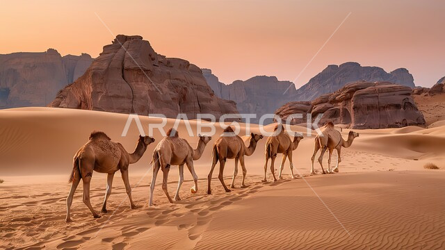 محميات طبيعية برية لرعاية الإبل، مجموعة من الإبل تمشي وسط الصحراء، رمال ذهبية ناعمة في المناطق الصحراوية، تشكيلات وتكوينات صخرية في محافظة العلا، قمم ومرتفعات الجبال في المملكة العربية السعودية