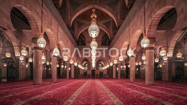 تصميمات معمارية على الطراز الإسلامي للمساجد في السعودية، ديكورات داخلية وإضاءات معلقة في أسقف المسجد، أقواس حجرية مزخرفة، أرضيات مغطاة بالسجاد الفاخر