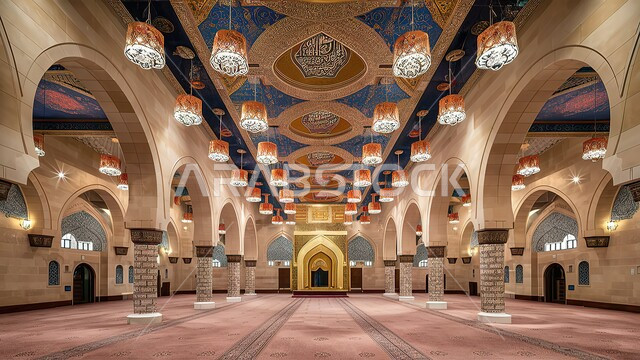 تصميمات معمارية على الطراز الإسلامي للمساجد في السعودية، ديكورات داخلية وإضاءات معلقة في أسقف المسجد، أقواس حجرية مزخرفة، أرضيات مغطاة بالسجاد الفاخر