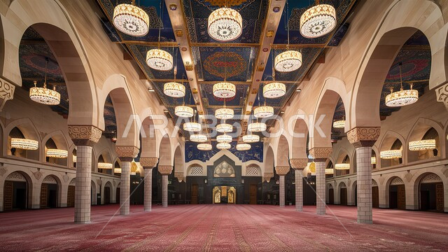 تصميمات معمارية على الطراز الإسلامي للمساجد في السعودية، ديكورات داخلية وإضاءات معلقة في أسقف المسجد، أقواس حجرية مزخرفة، أرضيات مغطاة بالسجاد الفاخر