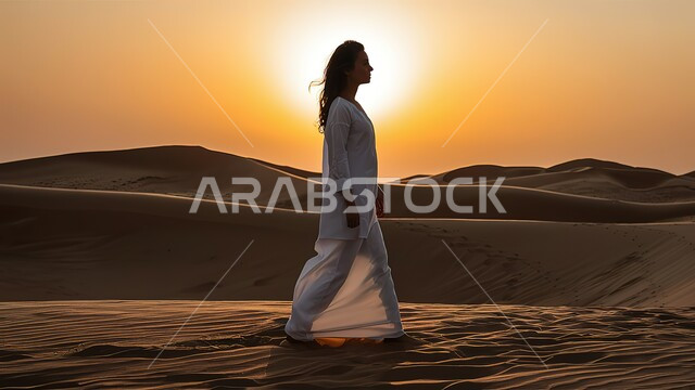 Leisure activities and trips on soft golden sand, side silhouette of a Saudi Arabian Gulf lady in desert areas, hills and sand dunes in the desert