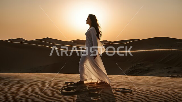 Leisure activities and trips on soft golden sand, side silhouette of a Saudi Arabian Gulf lady in desert areas, hills and sand dunes in the desert