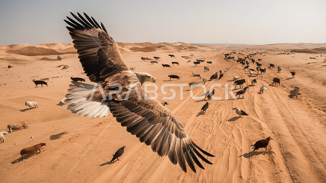 نسر يحلق بجناحيه الكبيرين في السماء الصافية في صحراء الإمارات العربية المتحدة، مفهوم الافتراس وحدة البصر، تنوع الماشية والطيور الجارحة وحياة الحيوانات البرية