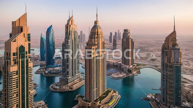 منظر تخيلي مستقبلي للابراج، أبراج وناطحات السحاب المطلة على البحر الاصطناعي في مدينة دبي، فن الهندسة المعمارية، صورة من الأعلى للنمو والتطور العمراني للمباني والمرافق في الإمارات، معالم دبي الشهيرة، السياحة في الإمارات