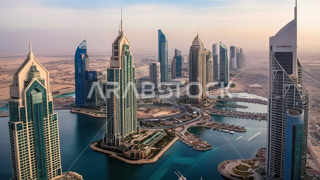 منظر تخيلي مستقبلي للابراج، أبراج وناطحات السحاب المطلة على البحر الاصطناعي في مدينة دبي، فن الهندسة المعمارية، صورة من الأعلى للنمو والتطور العمراني للمباني والمرافق في الإمارات، معالم دبي الشهيرة، السياحة في الإمارات