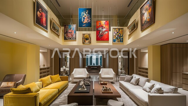 غرفة معيشة بتصميمات عصرية، غرفة جلوس باللون الأصفر، ديكورات وتصميمات داخلية، لوحات معلقة متنوعة، تحف وإكسسوارات أنيقة، أثاث منزلي راقي، شقق وفلل سكنية، ديكور منزلي داخلي.