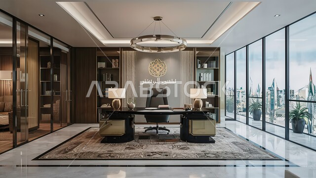 Elegant interior designs and decorations with luxurious and comfortable furniture for office rooms, advanced architecture, reading and sitting rooms, office with large glass facade, modern contemporary design for Saudi corporate offices.