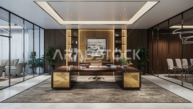 Elegant interior designs and decorations with luxurious and comfortable furniture for office rooms, advanced architecture, reading and sitting rooms, office with large glass facade, modern contemporary design for Saudi corporate offices.