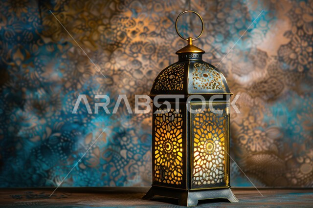 أنوار وإضاءة وزينة شهر الخير، تحف وتصاميم وديكورات هندسية اسلامية، مصباح معدني عربي تقليدي، فانوس رمضان المضيء، اجواء دينية رمضانية
