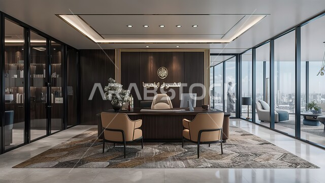 Elegant interior designs and decorations with luxurious and comfortable furniture for office rooms, advanced architecture, reading and sitting rooms, office with large glass facade, modern contemporary design for Saudi corporate offices.