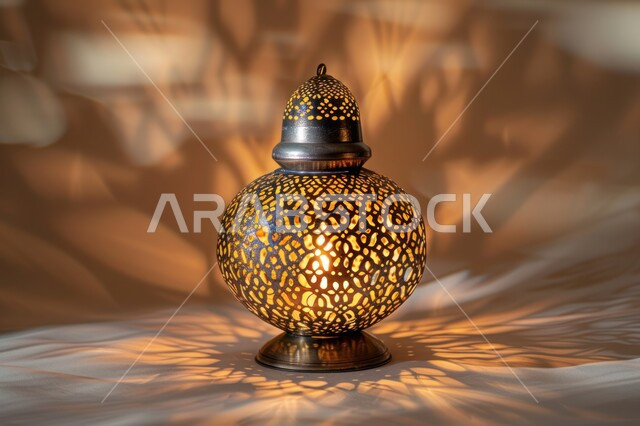 تحف وتصاميم وديكورات هندسية اسلامية، أنوار وإضاءة وزينة شهر الخير،  مصباح معدني عربي تقليدي، فانوس رمضان المضيء، اجواء دينية رمضانية