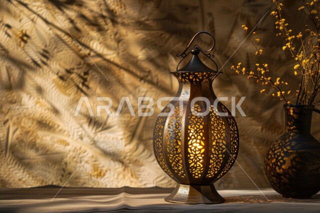 Islamic geometric antiques, designs and decorations, lights, illumination and decorations for the month of goodness, a traditional Arabic metal lamp, a luminous Ramadan lantern, a Ramadan religious atmosphere.