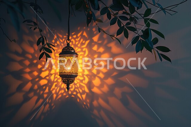 Ramadan religious atmosphere, Islamic geometric antiques, designs and decorations, lights, illumination and decorations for the month of goodness, traditional Arabic metal lamp, illuminated Ramadan lantern