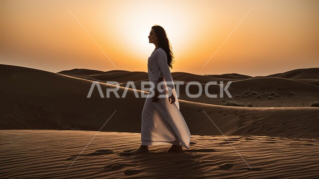 أنشطة ترفيهية ورحلات على الرمال الذهبية الناعمة، صورة ظلية جانبية لسيدة خليجية عربية سعودية في المناطق الصحراوية، التلال والكثبان الرملية في الصحراء